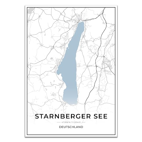 Vacentures Starnberger See Karten Poster - Premium Wandbild ohne Bilderrahmen I Moderne Wanddeko für Wohnzimmer oder Schlafzimmer I Hochwertiger Druck (Blau, 50x70 CM) von Vacentures