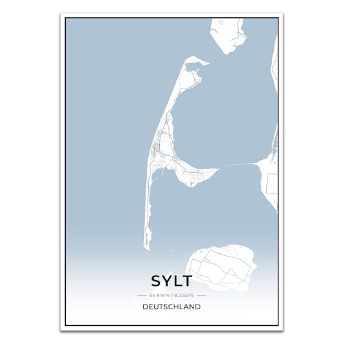 Vacentures Sylt Karten Poster - Premium Wandbild ohne Bilderrahmen I Moderne Wanddeko für Wohnzimmer oder Schlafzimmer I Hochwertiger Druck (Blau, 30x40 CM) von Vacentures