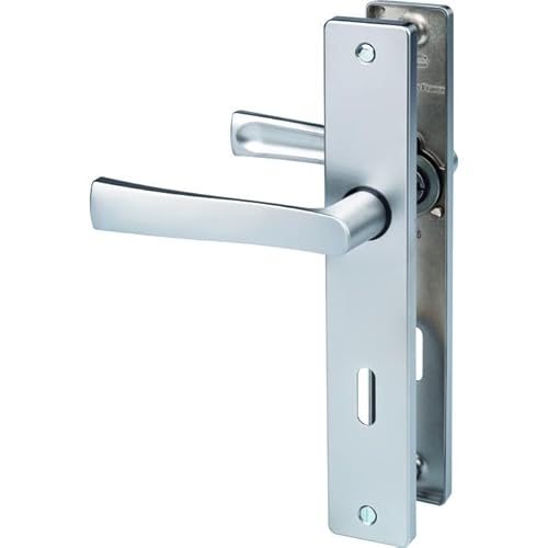 Vachette Türgriff auf großer Flex-Platte – Version Schlüssel L für Zimmertür/Büro, Abstand 195 mm – System zum einfachen Anbringen – aus robustem Zamak – Satin-Chrom-Finish von Vachette