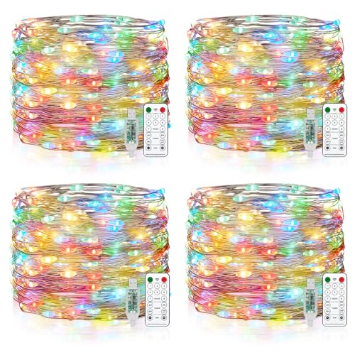 [4 Stück] Wasserdicht Draht Lichterkette, 15M 150 LED USB Weihnachten Außenlichterkette Micro Lichterkette Außen und Innen mit Fernbedienung 8 Programm und Timer für Schlafzimmer, Party, Hochzeit von Vacoulery