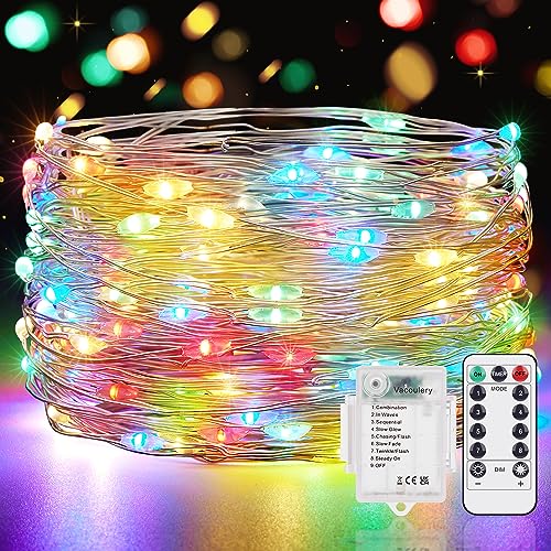 Vacoulery Lichterkette Batterie, 1 Stück 12M 12 LED Lichterkette Bunt Batterie 8 Modus Lichterkette Batterie mit Timer und Fernbedienung für Zimmer Terrasse Innen Außen Dekoration von Vacoulery