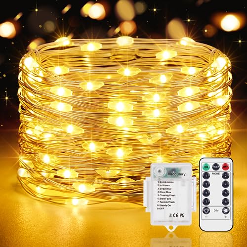 Vacoulery Lichterkette Batterie Timer, 1 Stück 12M 120 LED Lichterkette Batterie mit Timer und Fernbedienung, 8 Modi Lichterkette Innen Außen für Zimmer Terrass Party Hochzeit Dekoration von Vacoulery