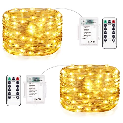Vacoulery Lichterkette Batterie Timer, 2 Stück 12M 120 LED Lichterkette Batterie mit Timer und Fernbedienung, 8 Modi Lichterkette Innen Außen für Zimmer Terrass Party Hochzeit Dekoration von Vacoulery