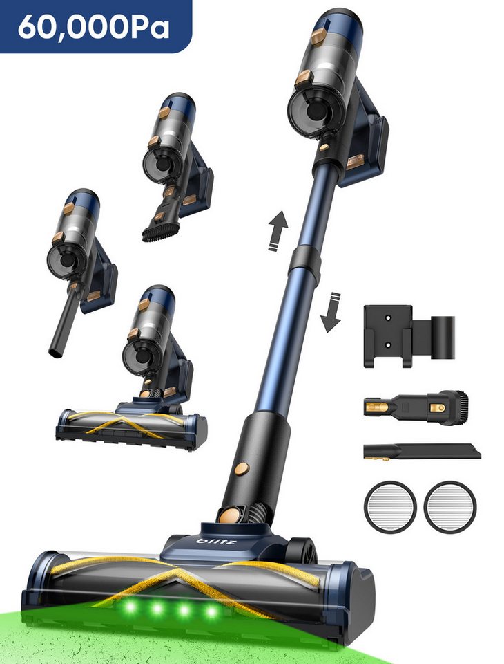 Vactidy Akku-Hand-und Stielstaubsauger V12 akkustaubsauger,70000PA/600 W/Saugen & Wischen gleichzeitig, 600 W, beutellos, Abnehmbarer Akku,V-förmige Antiwickelbürste,LED,Abschaltsog-Funktion von Vactidy