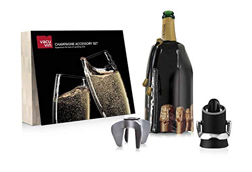 Vacu Vin Champagner Zubehör Set 3 teilig - Champagnerkühler, Champagnerverschluss und Ausgießer, Champagneröffner, 38899606, Schwarz von Vacu Vin
