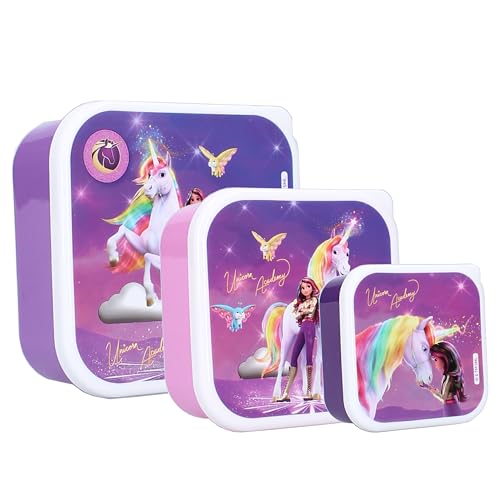 Vadobag Snackbox Unicorn Academy Fresh Bites (3tlg.) – Set mit 3 ineinandergreifenden Brotdosen – Brotdose für Snacks, Schule, Kindergarten, Sport von Vadobag
