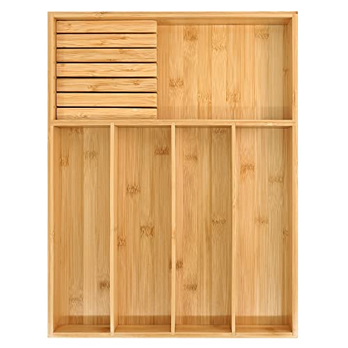 VaeFae Bambus-Besteck-Organizer, Utensilienhalter für Schublade, Holzbesteckablage mit Trennwand für Küche, Besteckaufbewahrung und abnehmbarer Messerblock von VaeFae