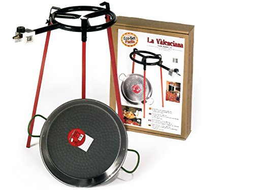 Eco Set Paella-Pfanne, Durchmesser 38 cm, 3 rechteckige Standbeine, Pfanne aus polierten Stahl, 300 mm-Gasbrenner von Vaello Campos