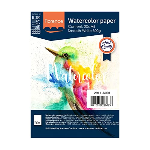 Florence 2911-8001 Aquarellpapier A6 in Weiß, aus 300 g/m² Glattem Papier, 20 Blatt für Aquarellmalerei, Handlettering und Brush Lettering von Vaessen Creative