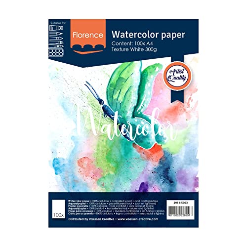 Vaessen Creative Florence Aquarellpapier A4, Weiß, 300 g/m² Strukturiertes Papier, 10 Blatt für Aquarellmalerei, Handlettering und Brush Lettering von Vaessen Creative