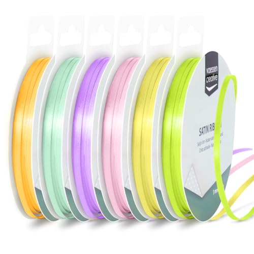 Vaessen Creative Satinband 3 mm x 10 m - Doppelseitiger Schleifenbänder und Dekoband zum Basteln - Geschenkband und Stoffbänder für Deko und Schateln - Frühling Farben Bunt - 6 Stück von Vaessen Creative