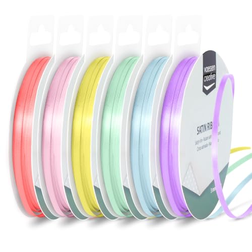 Vaessen Creative Satinband 3 mm x 10 m - Doppelseitiger Schleifenbänder und Dekoband zum Basteln - Geschenkband und Stoffbänder für Deko und Schateln - Pastell Farben Bunt - 6 Stück von Vaessen Creative