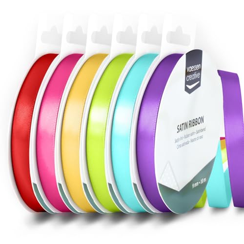 Vaessen Creative Satinband 9 mm x 10 m - Doppelseitiger Schleifenbänder und Dekoband zum Basteln - Geschenkband und Stoffbänder für Deko und Schateln - Regenbogen Farben Bunt - 6 Stück von Vaessen Creative