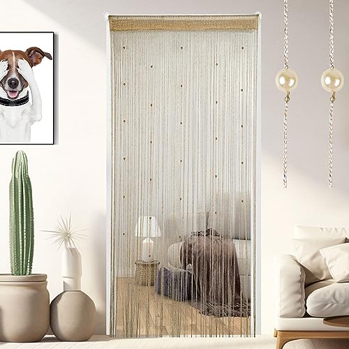 Vagasi 2 Stücke Türvorhang Hochzeit Fadengardine Fadenvorhang 100 x 200 cm Bead Fadenvorhang einfarbig Perle Glitzer schön für Schlafzimmer Restaurant Fotografie Hintergrund, Perle Champagne von Vagasi