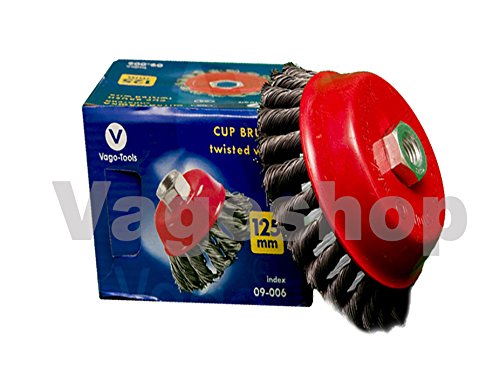 Vago-Tools 3x Topfbürste Drahtbürste 125 mm gezopft Hartmetall Stahldraht (SS) M14 x 2,0, 0,5 mm, 25 mm, Max. 6500 u/min, Für Flex oder Winkelschleifer von Vago-Tools