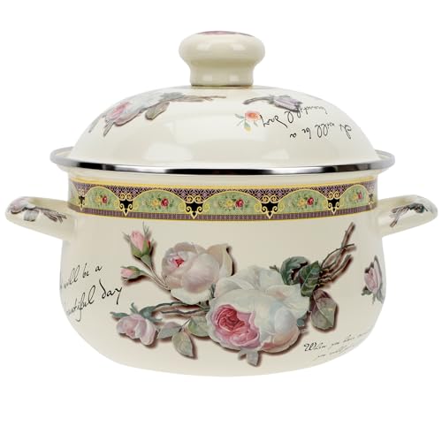 Vaguelly Emaille Suppentopf mit Deckel 2.3 Liter Retro Kochtopf Blumenmuster Suppentopf Küche Induktion Kochtöpfe mit Deckel und Griffen für Gas Induktionsherd 20cm von Vaguelly