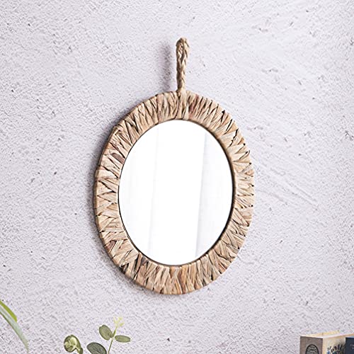 Vaguelly Rattan Spiegel mit Bastrahmen, runde Hänge Wandspiegel im Boho Style, Flurspiegel zum Aufhängen und Dekorieren, Natur Raphia Home Dekor, 34 cm von Vaguelly