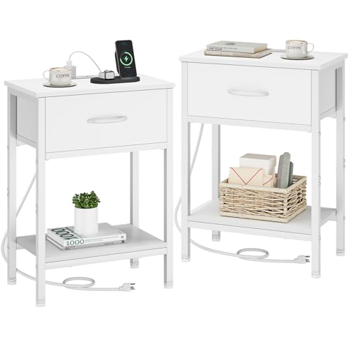 Vagusicc Weißer Nachttisch 2er Set mit Ladestation, Bett Beistelltisch mit Stoffschublade, Kleiner Beistelltisch mit 2-stöckigen Aufbewahrungsregalen, 64,5 cm hoch Nachttisch, Nachttisch für Vagusicc Weißer Nachttisch 2er Set mit Ladestation, Bett Beistelltisch mit Stoffschublade, Kleiner Beistelltisch mit 2-stöckigen Aufbewahrungsregalen, 64,5 cm hoch Nachttisch, Nachttisch für von Vagusicc