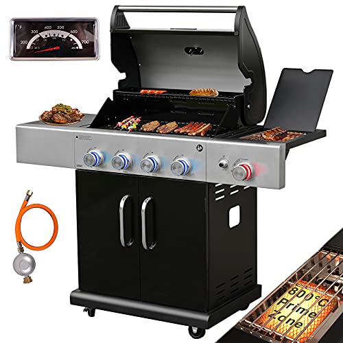 Vaiko Gasgrill Madison mit 800°C Infrarot & Grill-Thermometer, LED-Beleuchtung, Keramik 4+1 Brenner aus Edelstahl XXL Grillwagen Grill, Seitenkocher, 5-11 KG Gasflasche Piezozündung von Vaiko