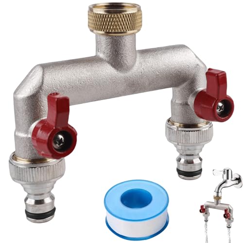 2-Wege Wasserhahn Wasserverteiler: Garten Wasserverteiler aus Messing für 2 Gartenschlauch Adapter, 2er Verteiler 3/4" Adapter 1/2" mit Kugelhahn zum Einstellen und Absperren des Wasserflusses von Vaileal