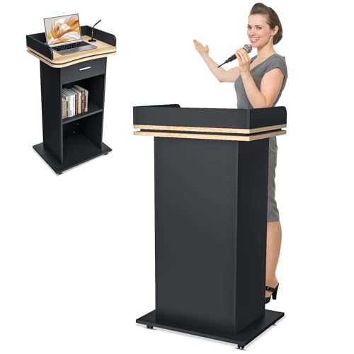 Tragbares hölzernes Podium, Rednerpult-Podium-Ständer, reserviertes Drahtloch, feststellbare Räder, Design mit Aufbewahrung, stehender Holzkanzel für Kirche, Büro, Schule, Heimkonferenz von Vakiorn
