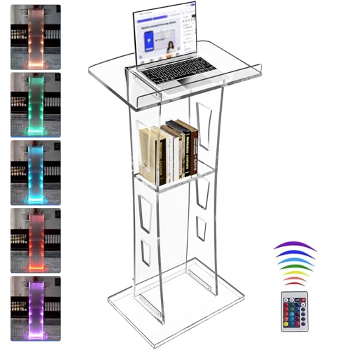 Vakiorn Acryl Podium, Transparenter Acryl Rednerpult mit Speicher Regal, Kirche Kanzel mit 15 Farbe LED-Licht, Stabilität Podium Ständer for Kirche, Vortrag, Hochzeit, Klassenzimmer(23.6"x16"x 45.2") von Vakiorn