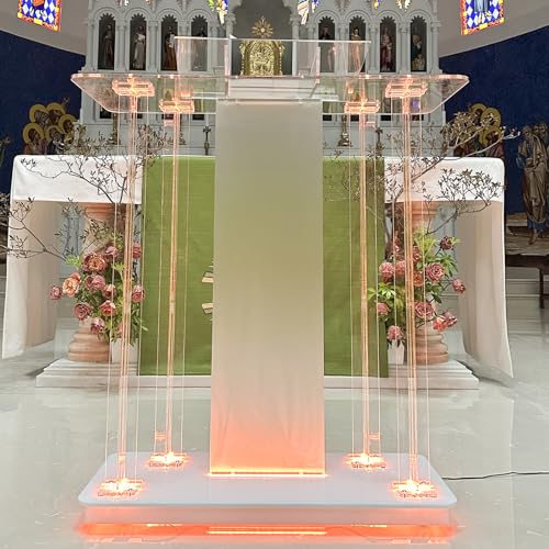 Vakiorn Kirchen Kanzel, Transparenter Acryl Rednerpult mit Rädern & 15 Farbe Einstellbar LED-Licht, Acryl Groß Podium Ständer für Kirche, Vortrag, Hochzeit, Klassenzimmer(40"x17.7"x 46.6") von Vakiorn