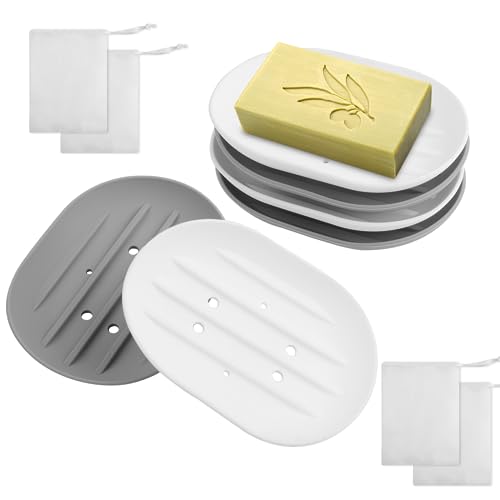 4 Stück Seifenschale Silikon, Seifenschale mit Ablauf, Seifenablage mit 4 Stück Schaumnetze, Seifenhalter für Badezimmer Dusche, Küchenspüle Schwammhalter (Weiß + Grau) von Vaktop