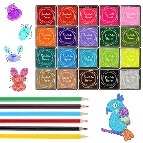 Vaktop Stempelkissen Bunt, 20 Farben Stempelkissen Fingerabdruck mit 6 Stück Buntstifte, Abwaschbar Stempelkissen Kinder, Ungiftig Fingerstempel - DIY Handwerk, Kinder Geburtstag Geschenk von Vaktop