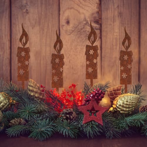 Vaktop Gartenstecker Weihnachten, 4 Stück Gartenstecker Rost Deko, 25×5 cm Edelrost Metall Gartendeko für Draußen, Wetterfest Weihnachtsdeko Rost Kerze von Vaktop