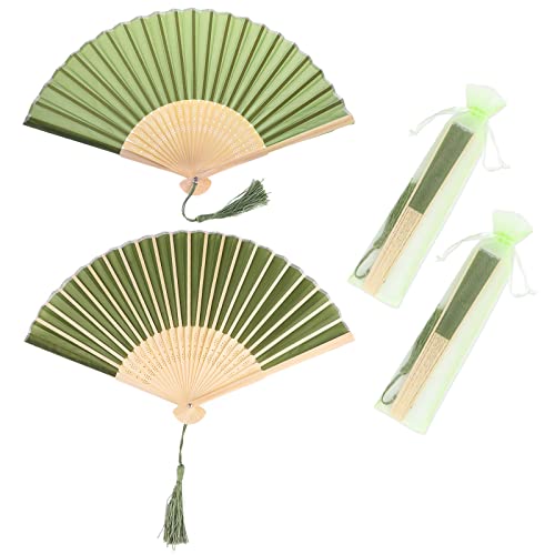 Vaktop Handfächer, 2er Klein Handfächer aus Stoff für eine Abkühlung im Sommer, Faltbar Handfächer mit Quaste und Fan-Tasche - für Hochzeite Bevorzugung Aufführung Tanz Dekoration (Grün) von Vaktop