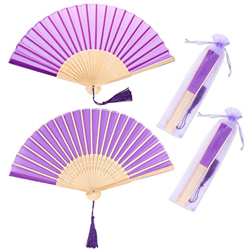 Vaktop Handfächer, 2er Klein Handfächer aus Stoff für eine Abkühlung im Sommer, Faltbar Handfächer mit Quaste und Fan-Tasche - für Hochzeite Bevorzugung Aufführung Tanz Dekoration (Helles Lila) von Vaktop