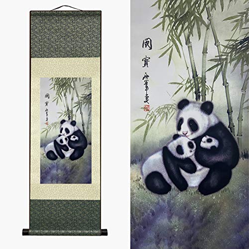 Valart Rollbild aus Seide Asiatische Wanddekoration Seidenmalerei Tier - Chinesischer Panda Nationalschatz Schön Chinesische Kunstwandrolle Hängende Bildrolle Orientalisches Dekor(92 x 30 cm) von Valart