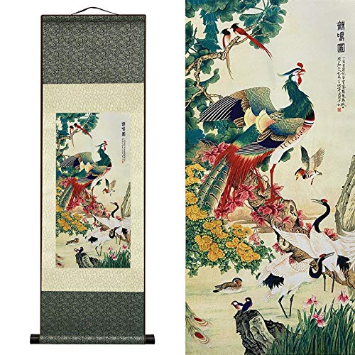 Seide Scroll Malerei Asiatische Wanddekoration Seidenmalerei Vögel - Hundert Vögel respektieren den Phönix Schön Chinesische Kunstwandrolle Hängende Bildrolle Orientalisches Dekor (92 x 30 cm) von Valart