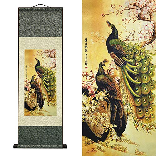 Seide Scroll Malerei Asiatisch Wand Dekoration Seidenmalerei Vögel - Pfau - Cui Yu Pi Xia Schön Chinesische Kunstwandrolle Hängende Bildrolle Orientalisches Dekor (92 x 30 cm) von Valart