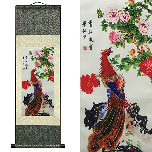 Die Seide Scroll Malerei Asiatisch Wand Dekoration Vögel - Phönix - Luan Xiang Feng Zhu Schön Chinesische Kunstwandrolle Hängende Bildrolle Orientalisches Dekor (36.2x 12 Zoll) von Valart