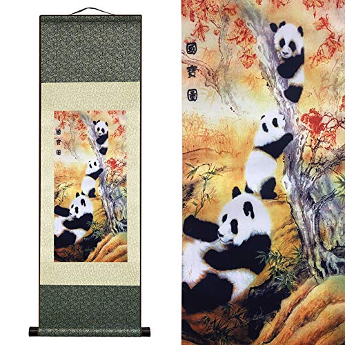 Valart Rollbild aus Seide Asiatische Wanddekoration Seidenmalerei Tier - Nationalschatz Chinesischer Panda Schön Chinesische Kunstwandrolle Hängende Bildrolle Orientalisches Dekor(92 x 30 cm) von Valart