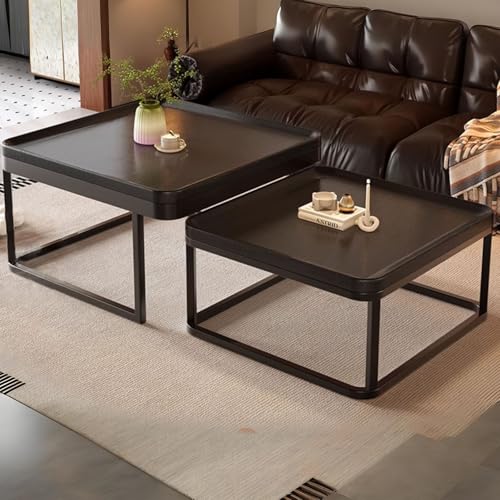 Couchtisch 2er Set Aus Metall Und Holz, Moderne Quadratische Beistelltische Mit Metallrahmen Und Holzplatte, Kompakte Und Platzsparende Tische Für Wohnzimmer, Schlafzimmer Und Kleine Räume(Black) von Valdoza