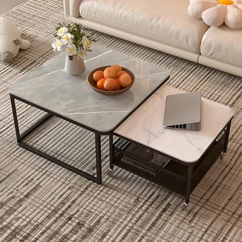 Couchtisch Für Wohnzimmer Modern, 2er Set Beistelltische Mit Stauraum, Stapelbare Couchtische Mit Steinplatte & Carbonstahl-Gestell, Platzsparend Für Wohnzimmer, Schlafzimmer, Büro(Gray,70+60cm/27.5+2 von Valdoza