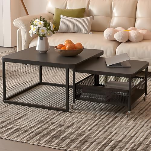 Couchtisch Für Wohnzimmer Modern, 2er Set Beistelltische Mit Stauraum, Stapelbare Couchtische Mit Steinplatte & Carbonstahl-Gestell, Platzsparend Für Wohnzimmer, Schlafzimmer, Büro(Black,70+60cm/27.5+ von Valdoza