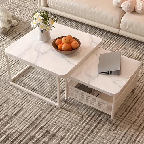 Couchtisch Für Wohnzimmer Modern, 2er Set Beistelltische Mit Stauraum, Stapelbare Couchtische Mit Steinplatte & Carbonstahl-Gestell, Platzsparend Für Wohnzimmer, Schlafzimmer, Büro(Gray-White,70+60cm/ von Valdoza