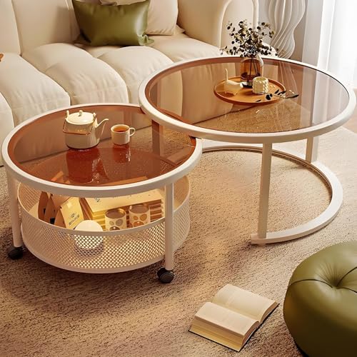 Nesting Couchtisch Mit Stauraum, 2er Set Runde Couchtische – Glastisch Mit Metallgestell, Platzsparend Stapelbar Mit Ablage, Wohnzimmertisch Für Wohnzimmer, Schlafzimmer, Büro, Kleine Räume(Brown,80+6 von Valdoza
