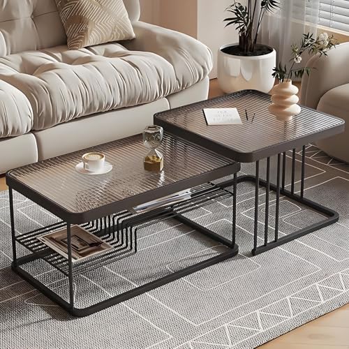 Rechteckiger Couchtisch Modern Für Wohnzimmer, Stapelbare Couchtisch Set 2 Mit Stauraum, Glasoberfläche & Metallrahmen, Platzsparend Für Wohnzimmer, Schlafzimmer, Büro, Kleine Räume(Black+White,60cm/2 von Valdoza
