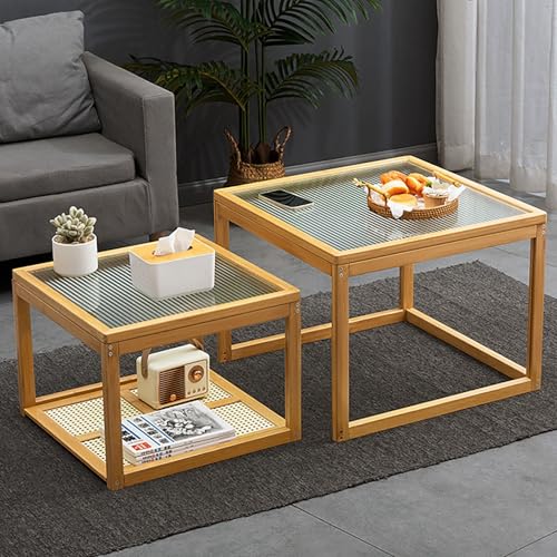 Rechteckiger Multifunktionaler Couchtisch aus Glas, 2er-Set quadratischer Couchtische mit Bambusrahmen und gehärteter Glasplatte, platzsparende Beistelltische für Wohnzimmer und Balkon(Yellow) von Valdoza