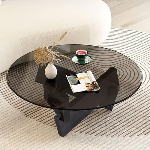 Valdoza Runde Couchtische Aus Glas, Kleiner Couchtisch Für Wohnzimmer, Rustikaler Kaffeetisch Für Landhausstil, Massivholzsockel, Einsteck- Und Zapfenstruktur, 70x70x31cm, Schwarz von Valdoza