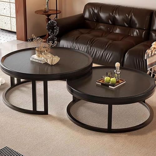 Runde Couchtische Im 2er-Set, Multifunktionaler Couchtisch Aus Metall, Robustes Metallgestell & Holzplatte, Stapelbar, Platzsparend, Für Wohnzimmer, Schlafzimmer, Büro, Kleine Räume(Black,60+80cm/23.6 von Valdoza