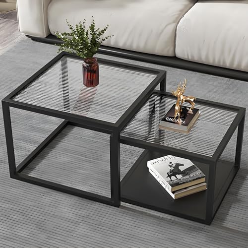 Stapelbare Quadratische Couchtische Set 2, Modern Nesting Couchtisch Für Das Wohnzimmer, Metallrahmen & Glasplatte, Platzsparend Für Wohnzimmer, Schlafzimmer, Büro, Kleine Räume(Black,50+40cm/19.6+17. von Valdoza