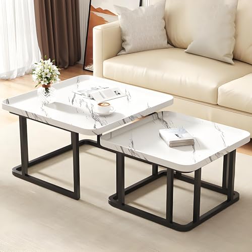 Valdoza Kaffeetisch mit Couchtisch kombiniert, 2er Set quadratische Nesting-Tische, 60+50cm, Metallrahmen mit Holzplatte, kompakte und Moderne Couchtische für kleine Räume, Wohnzimmer(Brown) von Valdoza