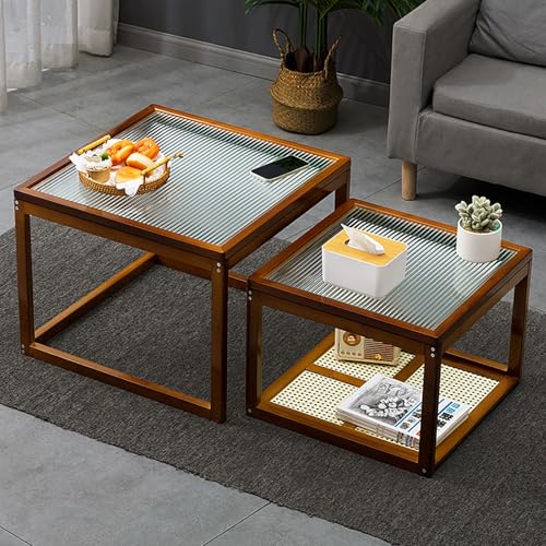Valdoza Rechteckiger Multifunktionaler Couchtisch aus Glas, 2er-Set quadratischer Couchtische mit Bambusrahmen und gehärteter Glasplatte, platzsparende Beistelltische für Wohnzimmer und Balkon(Brown) von Valdoza