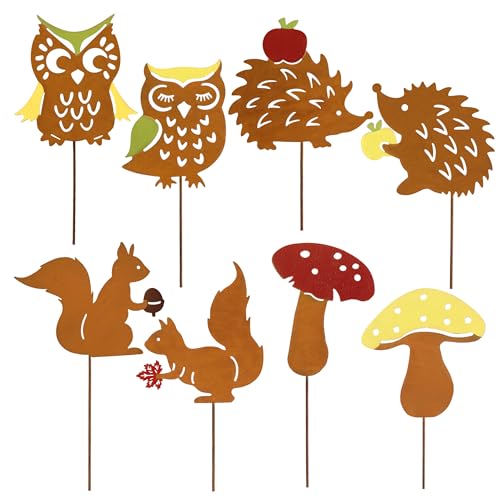 VALERY MADELYN 8er Rost Gartenstecker für Herbstdeko Draußen,25cm Bunt Rostoptik Gartendeko mit Igel Eule Pilze,Beidseitig Roststecker Metall für Innen Outdoor Blumentopf Terrasse,Geschenk Erntedank von Valery Madelyn